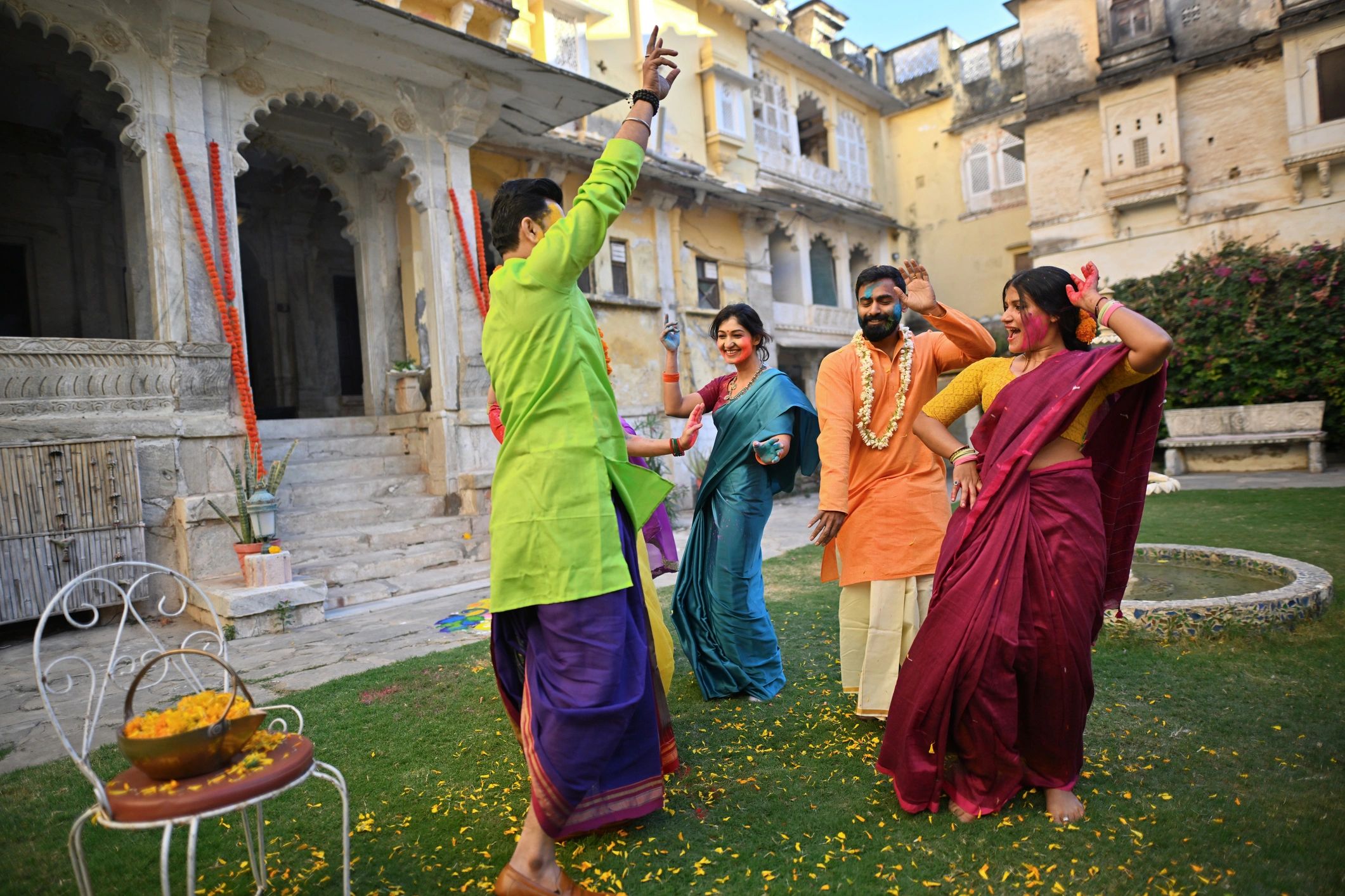 Group dancers celebrating in traditional attire